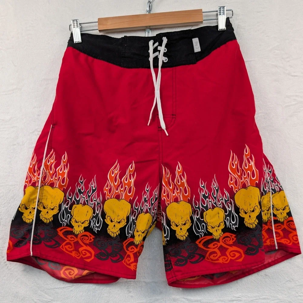 VTG Stig Surf Gear Shorts Mens M Red Mesh Skull Flame Tribal Billabong Style Y2K
